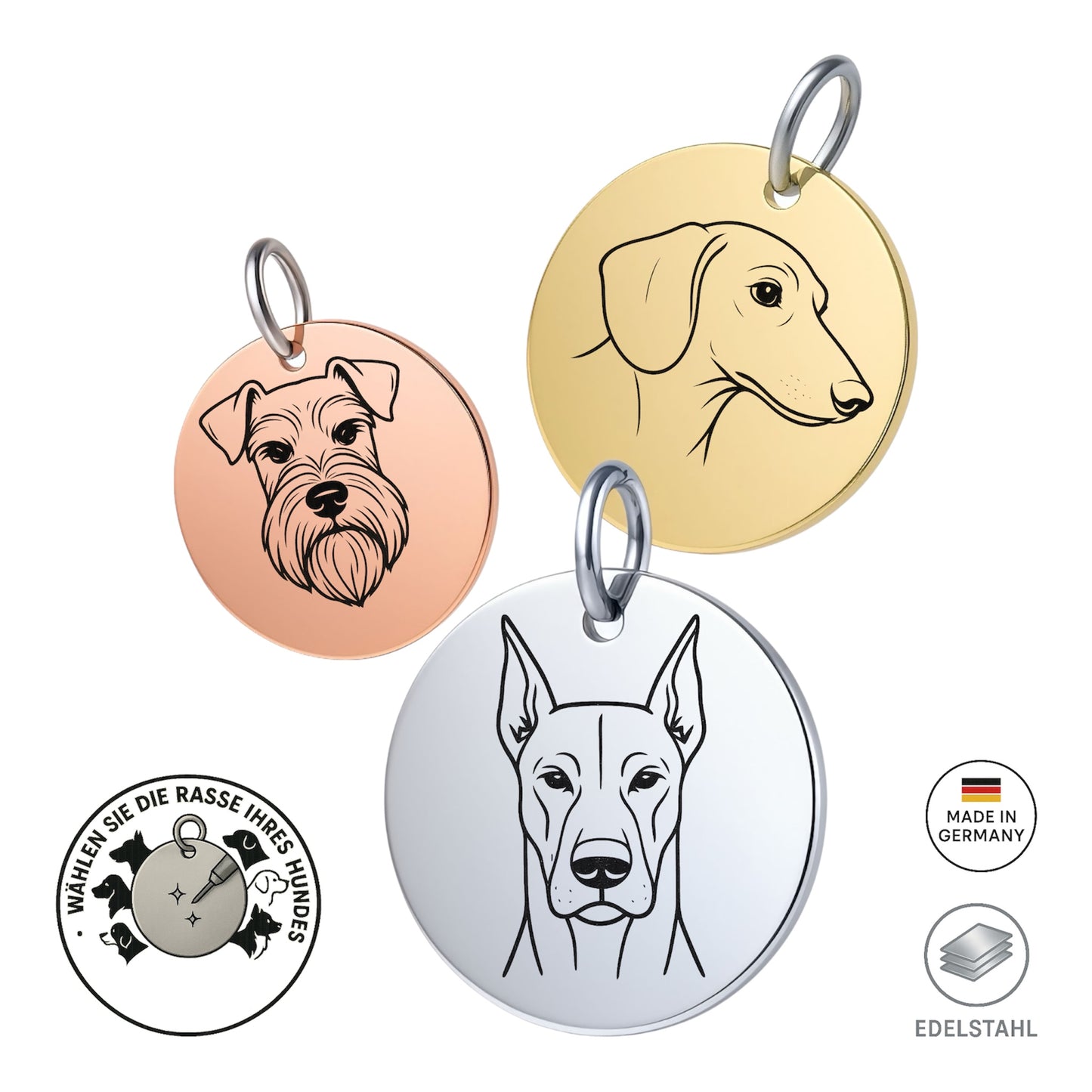 Edelstahl-Hundemarke – Wähle als Motiv die Hunderasse deines Hundes (15+ Motive)