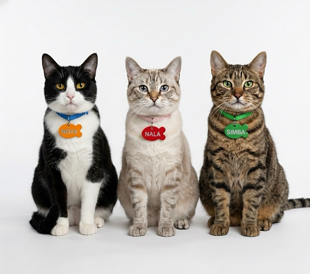 Fischförmige Aluminium Marke mit Gravur in 10 Farben - Leicht für Katzen