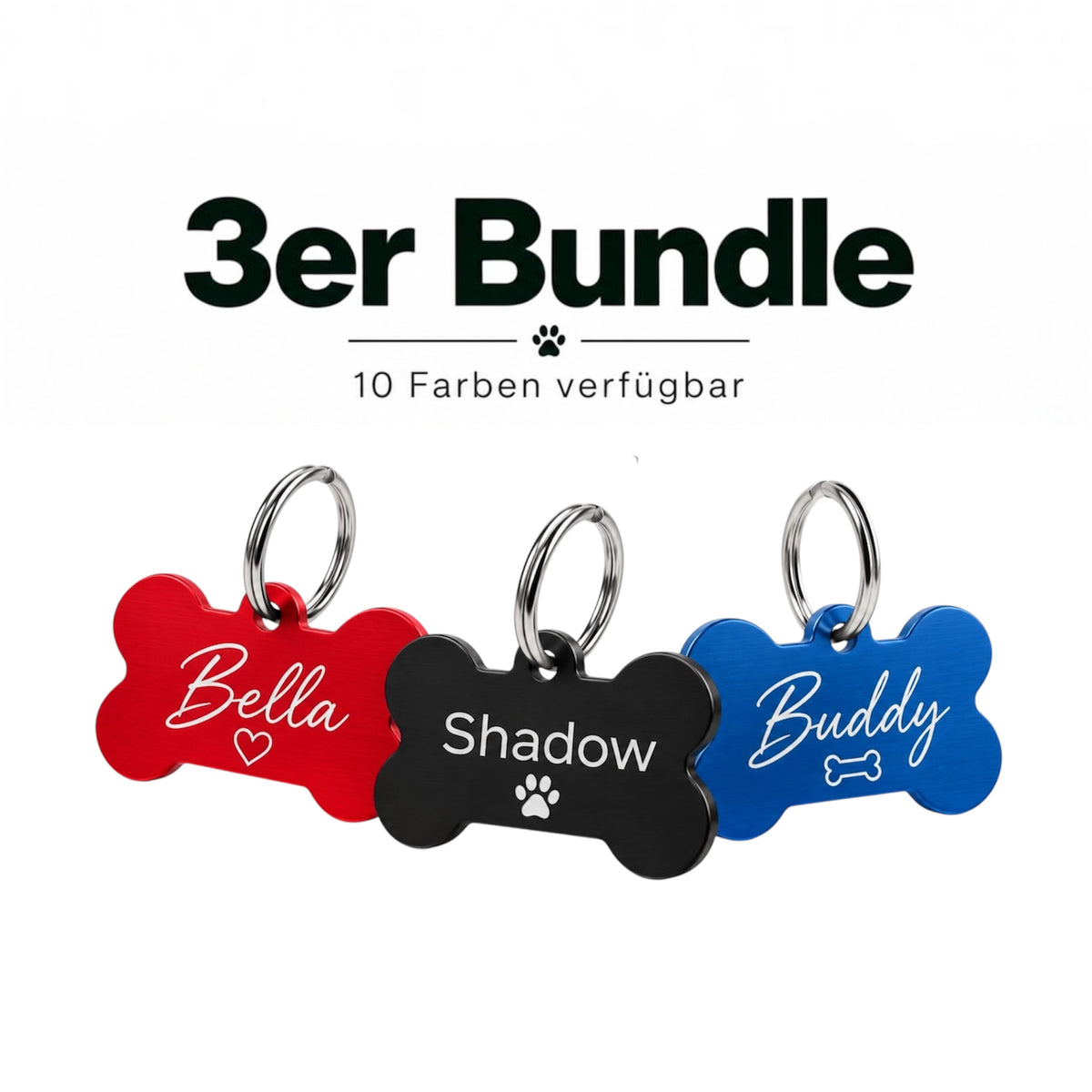 3er Bundle Hundemarken mit Gravur aus Aluminium – personalisiert, 10 Farben und verschiedene Formen frei wählbar