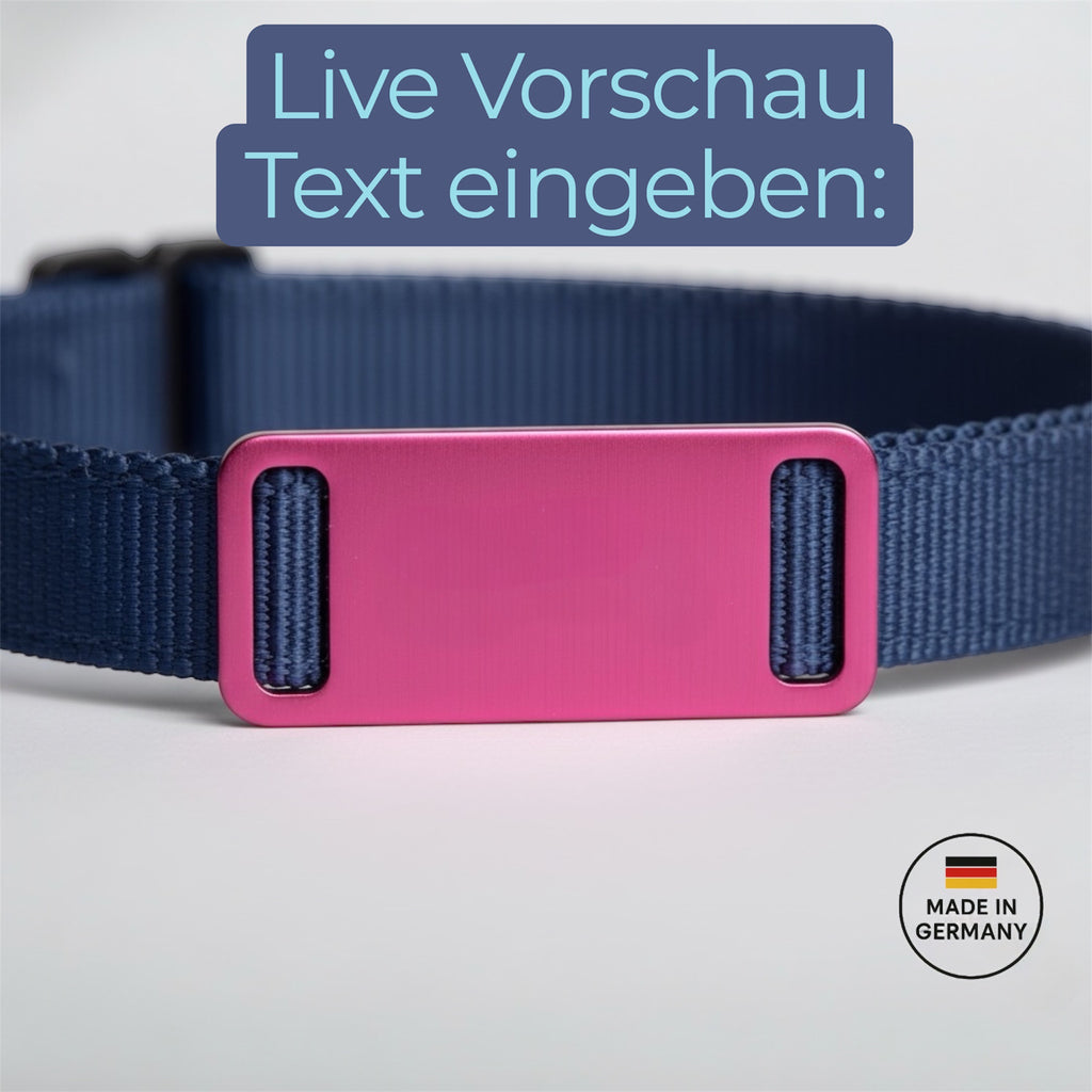 Aluminium Hundemarke für das Halsband gefertigt. inklusive beidseitiger Gravur: Name des Hundes und Adresse und Telefonnummer. Verfügbar in 10 Farben. Schnelle Lieferzeit 1-3 Tage.