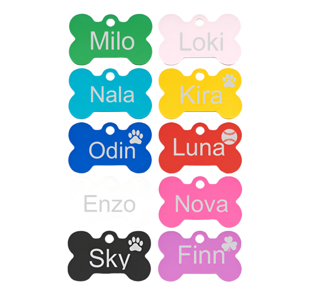 Aluminium Hundemarke in Knochenform. inklusive beidseitiger Gravur: Name des Hundes und Adresse und Telefonnummer. Verfügbar in 10 Farben. Schnelle Lieferzeit 1-3 Tage.