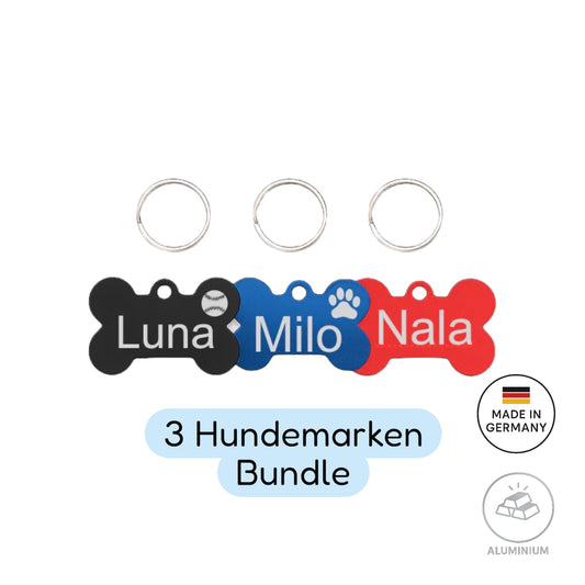 3 Aluminium Hundemarken + kostenlose Befestigungsringe