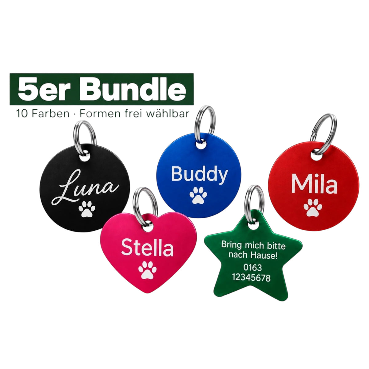 5er Bundle Hundemarken mit Gravur aus Aluminium – personalisiert, 10 Farben und verschiedene Formen frei wählbar