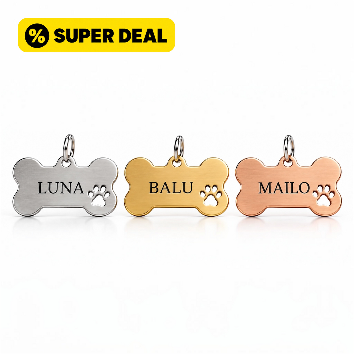 Personalisierte Hundemarke Knochenform mit Gravur - 3 Farben aus rostfreiem Edelstahl SALE