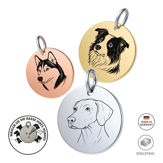 Edelstahl-Hundemarke – Wähle als Motiv die Hunderasse deines Hundes (15+ Motive)