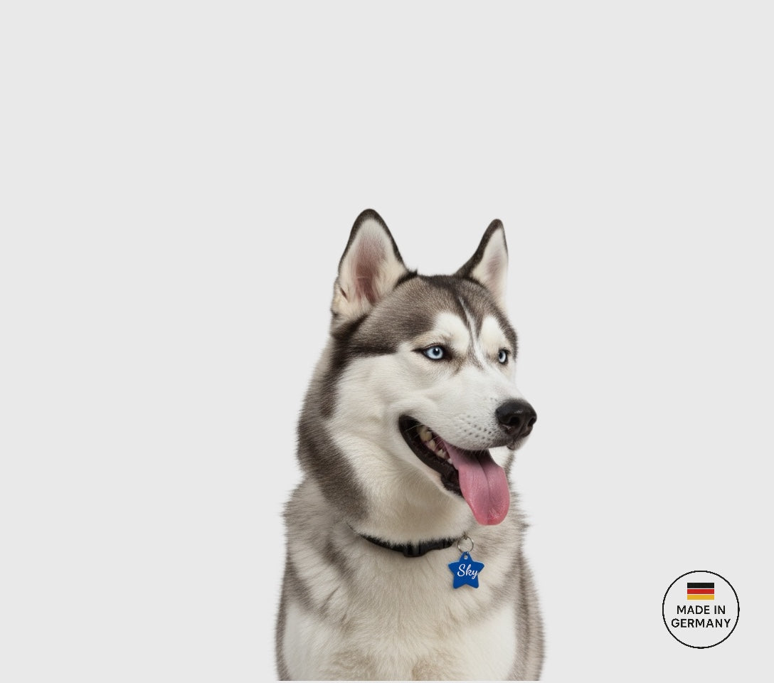 Aluminium Hundemarke in Sternform mit beidseitiger Gravur: Name des Hundes und Adresse und Telefonnummer. Verfügbar in 10 Farben. Schnelle Lieferzeit 1-3 Tage.