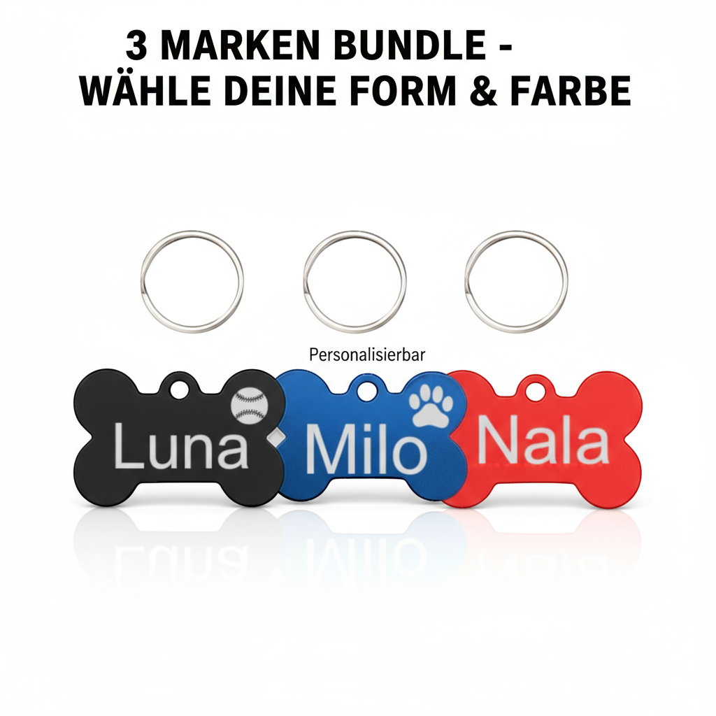 3 Aluminium Hundemarken + kostenlose Befestigungsringe