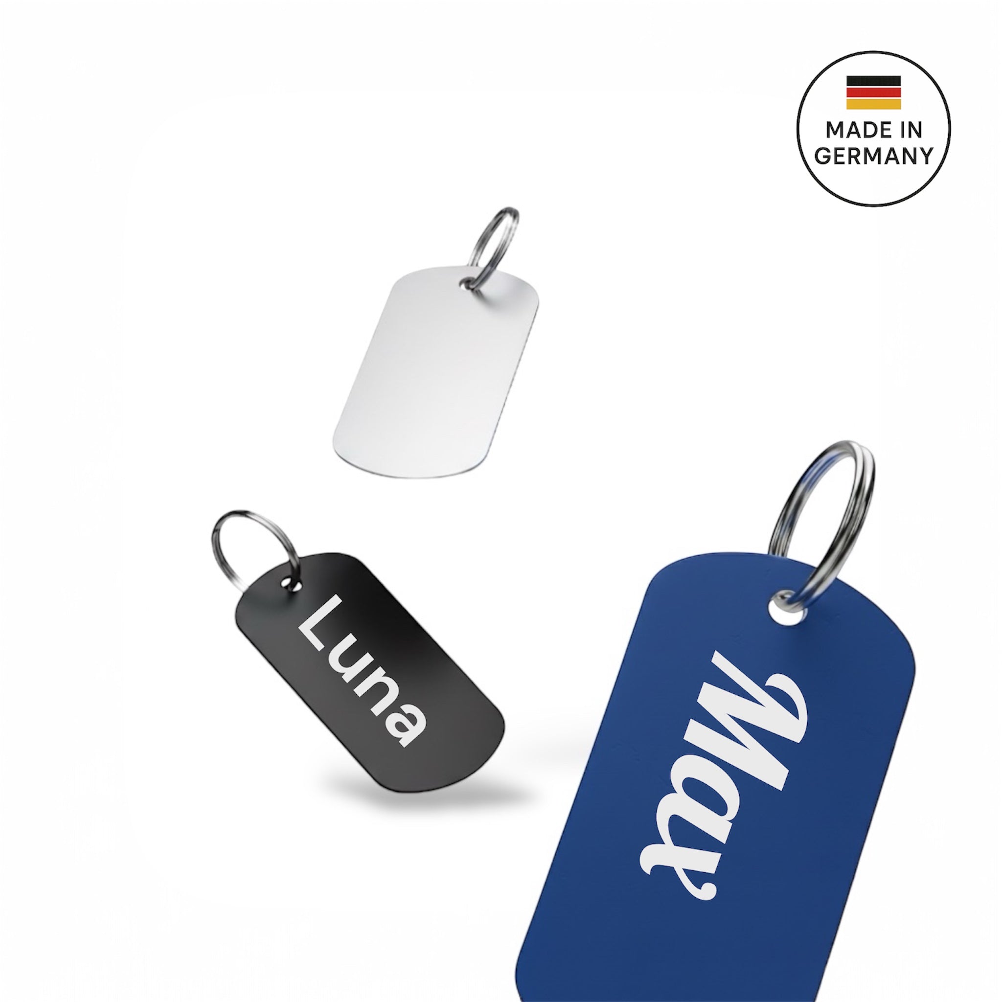 Aluminium Erkennungsmarke Hundemarke mit beidseitiger Gravur: Name des Hundes und Adresse und Telefonnummer. Verfügbar in 10 Farben. Schnelle Lieferzeit 1-3 Tage.