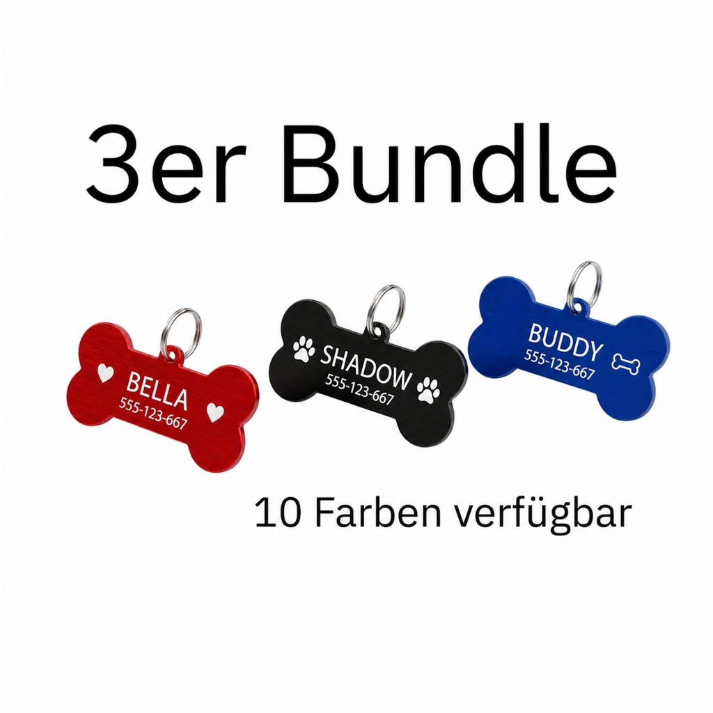 3er Set Hundemarken aus Aluminium – 8 verschiedene Formen zur Auswahl + GRATIS Ringe
