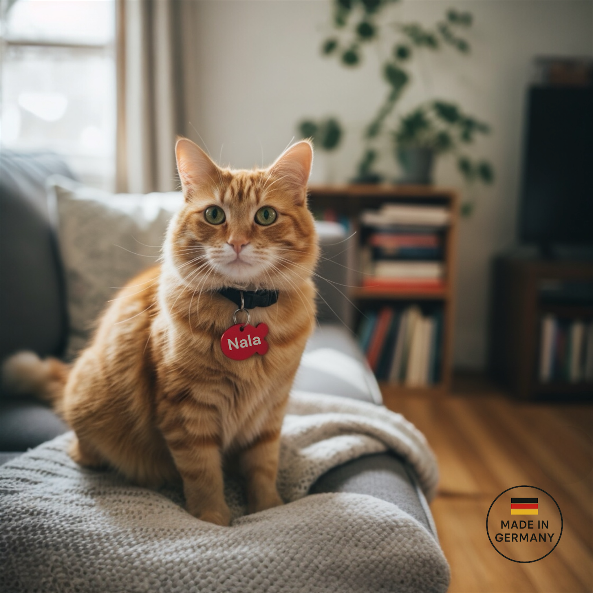 Fischförmige Aluminium Marke mit Gravur in 10 Farben - Leicht für Katzen