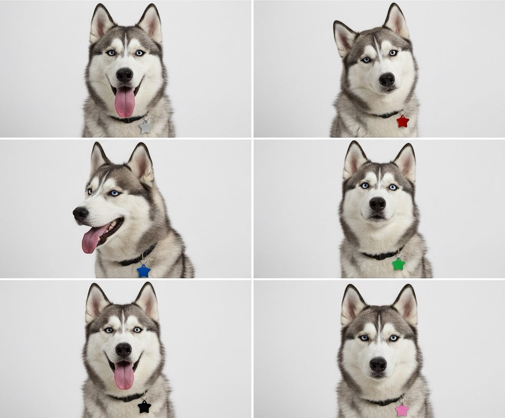 Aluminium Hundemarke in Sternform mit beidseitiger Gravur: Name des Hundes und Adresse und Telefonnummer. Verfügbar in 10 Farben. Schnelle Lieferzeit 1-3 Tage.