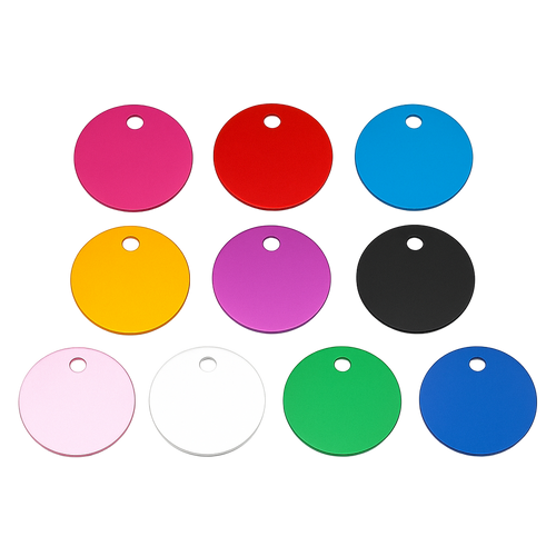 Runde Aluminium Hundemarke mit beidseitiger Gravur: Name des Hundes und Adresse und Telefonnummer