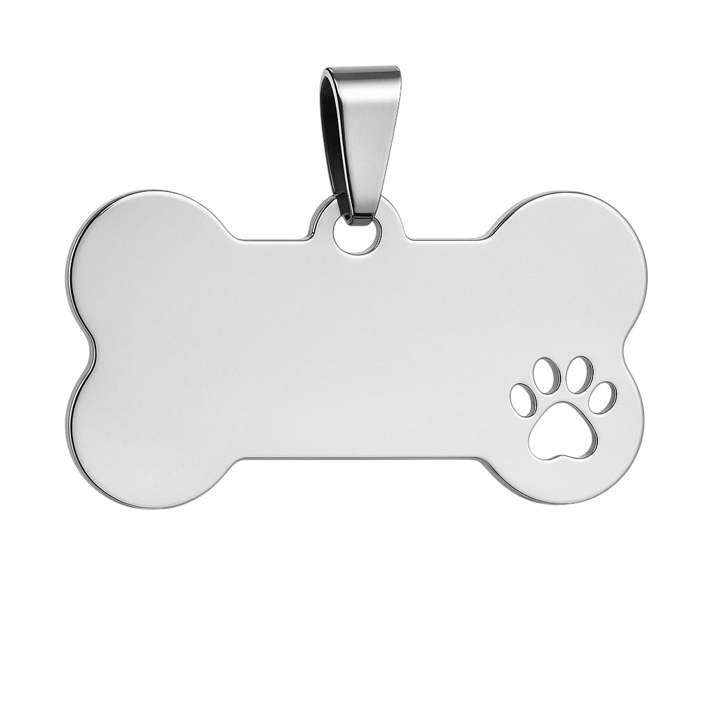 Silberne Edelstahl Hundemarke Knochenform mit beidseitiger Gravur: Name des Hundes und Adresse und Telefonnummer