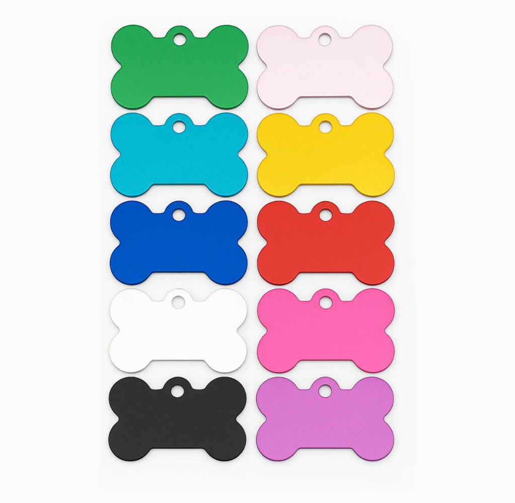 Aluminium Hundemarke in Knochenform mit beidseitiger Gravur: Name des Hundes und Adresse und Telefonnummer