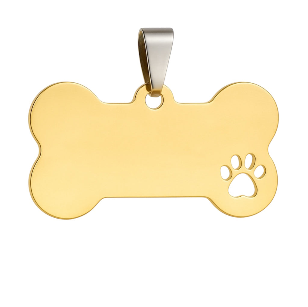 Goldene Edelstahl Hundemarke Knochenform mit beidseitiger Gravur: Name des Hundes und Adresse und Telefonnummer
