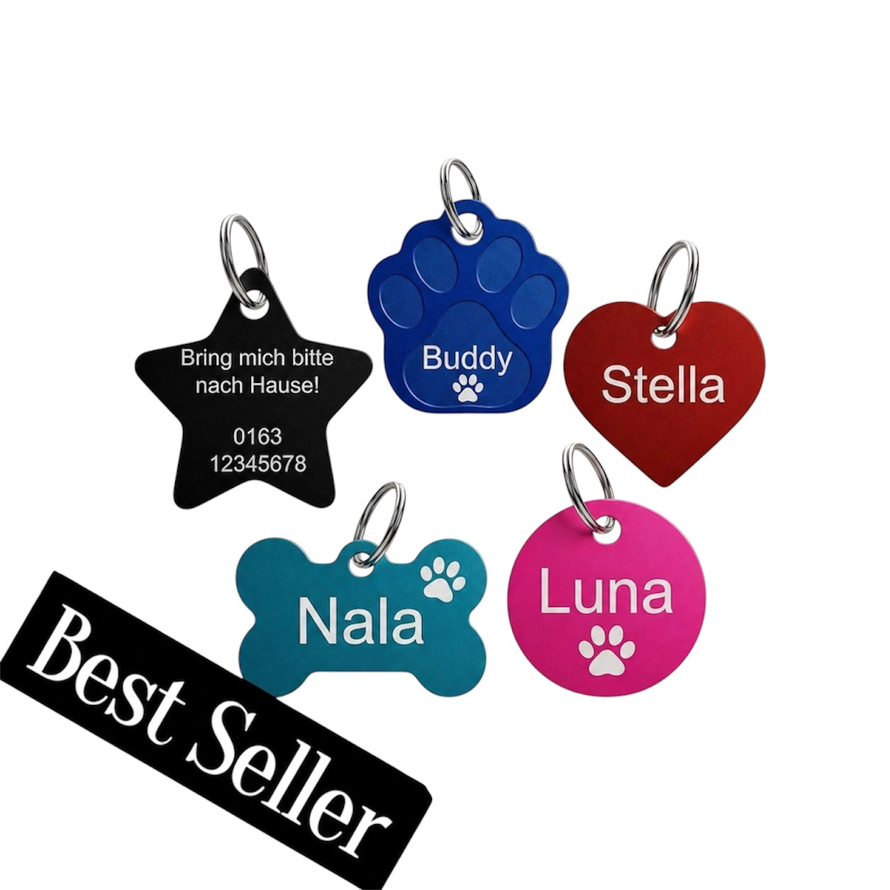 Personalisierte Hundemarken 5er Set mit Gravur & Ringen – Aluminium Hundemarke Bundle für mehrere Hunde