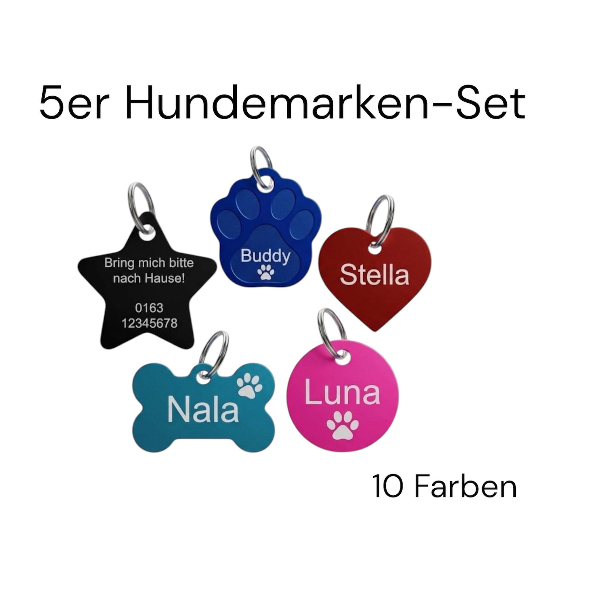 Personalisierte Hundemarken 5er Set mit Gravur & Ringen – Aluminium Hundemarke Bundle für mehrere Hunde