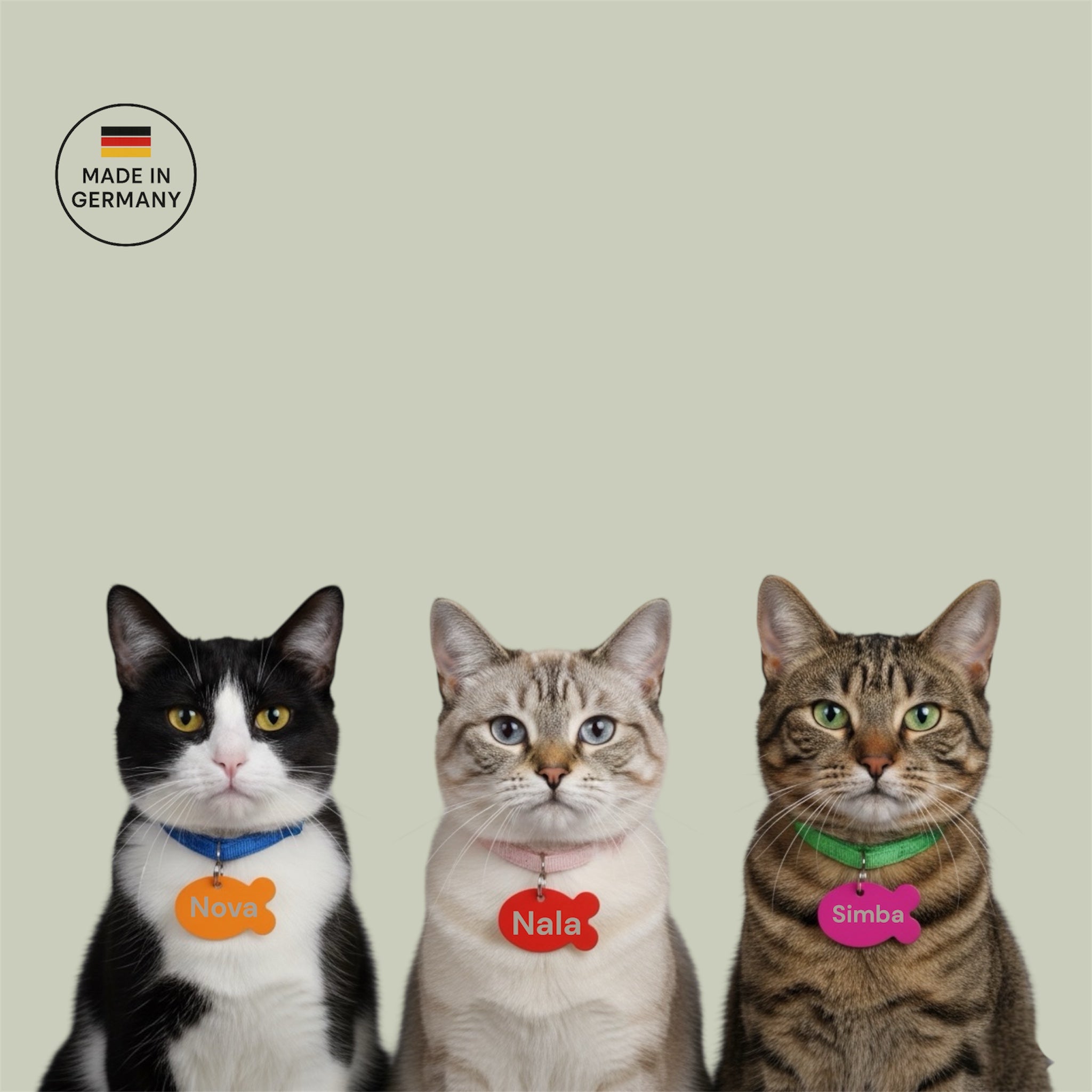 Katzenmarke in Fischform mit Gravur aus hochwertigem Aluminium – in 10 Farben erhältlich, leicht und robust