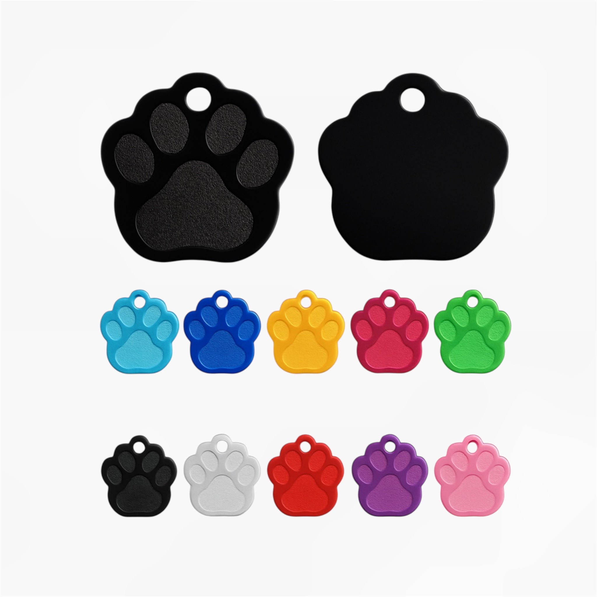 Pfotenförmige Aluminium Hundemarke mit beidseitiger Gravur: Name des Hundes und Adresse und Telefonnummer